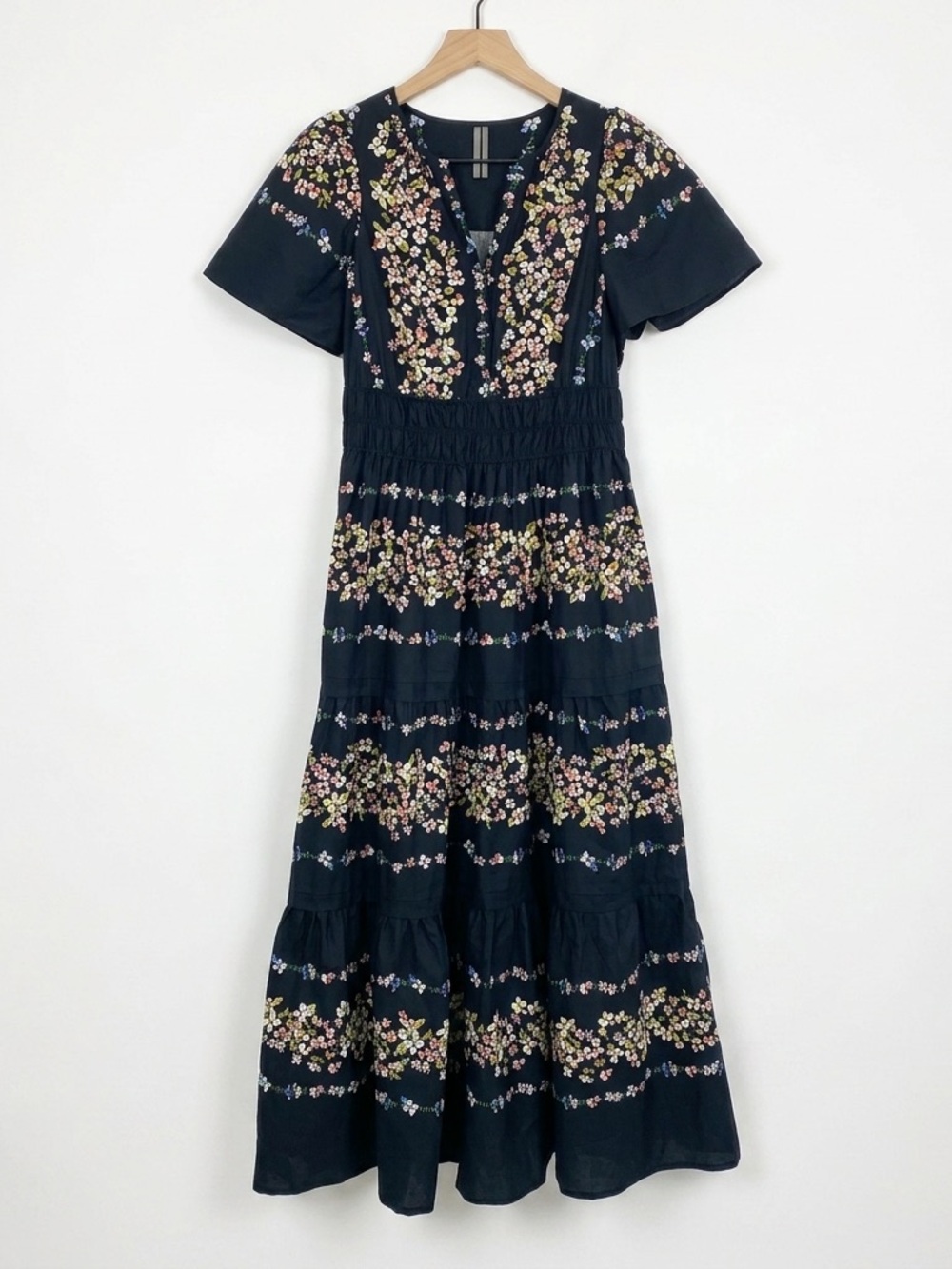 Anthropologie The Somerset Maxi Dress Black Floral Tiered Smocked